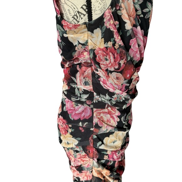 Express Dress Large Bodycon Floral Mesh Ruched Romantic Y2K Mesh Sweetheart Neck - Picture 10 of 13